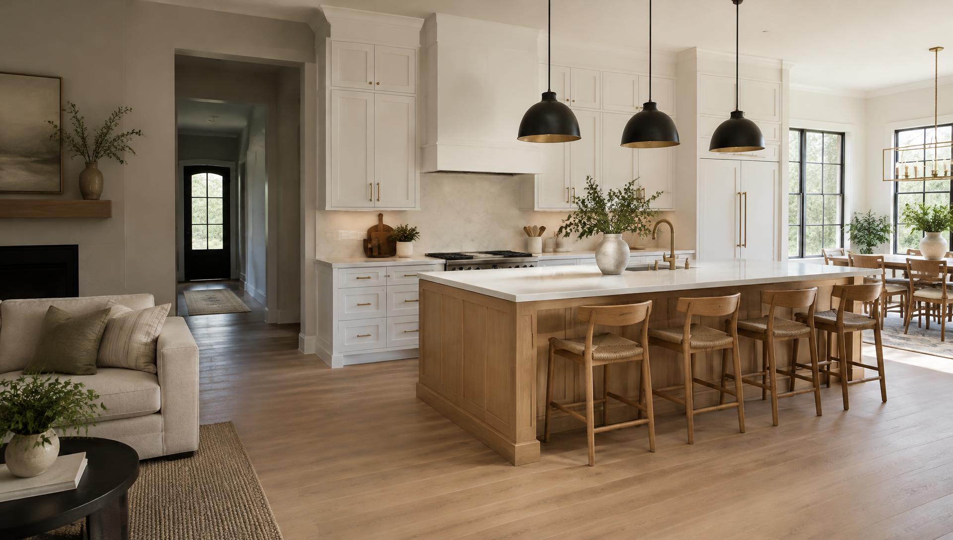Illustrative renovated kitchen with white cabinets, a wood island, and new flooring